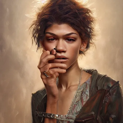 Image similar to hyperrealistic mixed media high resolution image of zendaya, oil painting, art by jamie salmon and istvan sandorfi and greg rutkowski, dim volumetric lighting, extremely hyperdetailed, intricate, highly detailed attributes