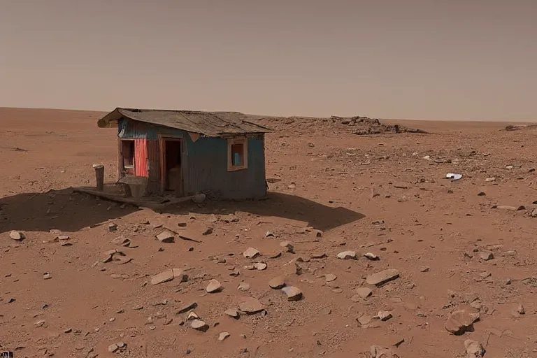 Image similar to an old rickety Soviet village house stands alone on Mars next to which a local resident stands and waves his hand, colourful