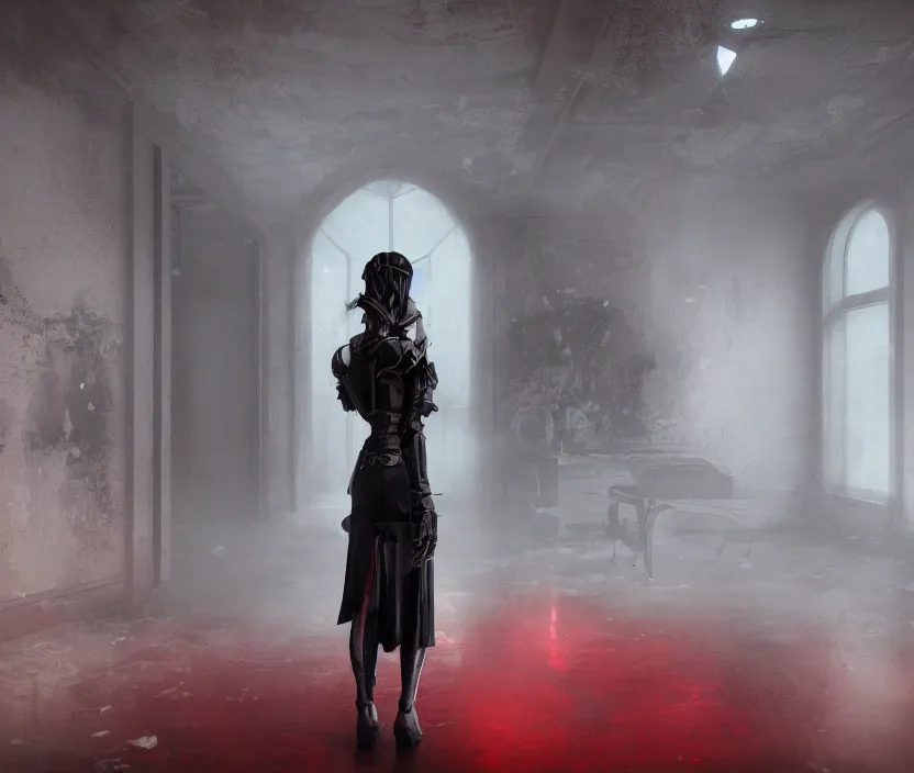 Image similar to imperial princess knight gothic girl standing on an abandoned hospital room with red ceiling lighting and several blue lights on the walls, gloomy and foggy atmosphere, octane render, artstation trending, horror scene, highly detailded