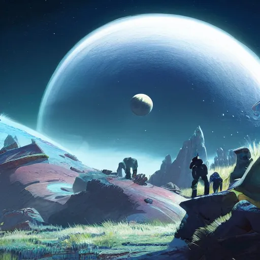 Image similar to no man's sky interloper gifting units to newcomer on a palm beach planet digital art in the style of greg rutkowski and craig mullins, 4 k