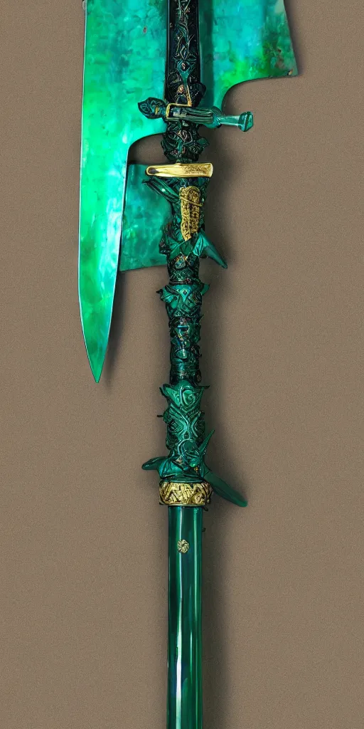 Image similar to photograph of a large green and teal crystal sword with a gold sword hilt