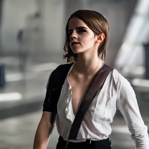 Image similar to Emma Watson in Kung Fury, XF IQ4, 150MP, 50mm, F1.4, ISO 200, 1/160s, natural light