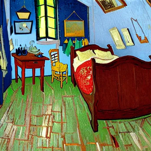 Image similar to a cozy bedroom decorated by van gogh, detailed, high resolution, wow!, intricate