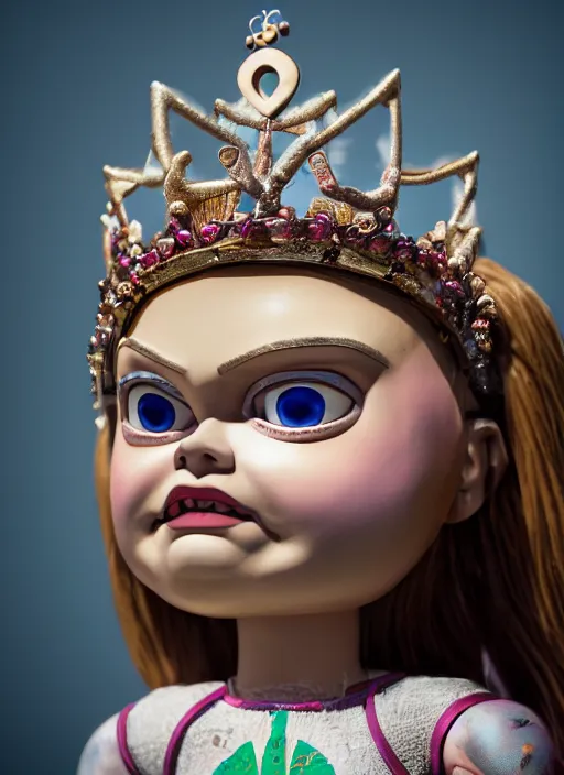 Image similar to closeup face profile portrait of a tin toy greta thunberg as the bride of chucky as a fairytale princess wearing a crown, bikini, depth of field, zeiss lens, detailed, fashion photoshoot, by nicoletta ceccoli, mark ryden, lostfish, breathtaking, 8 k resolution, extremely detailed, beautiful, establishing shot, artistic, hyperrealistic, octane render