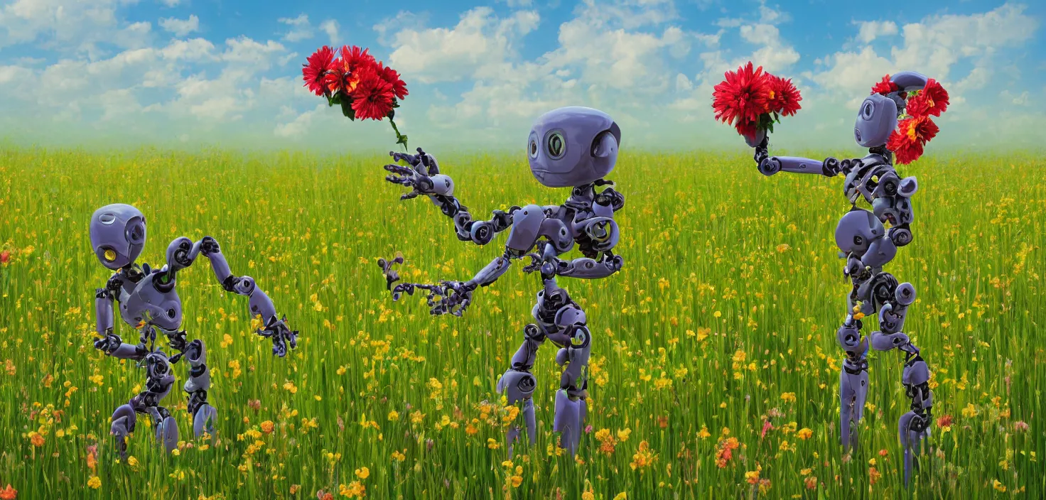 Image similar to detailed digital painting of a robot picking a flower in a beautiful open field, VISTA photography by Carr Clifton Galen Rowell