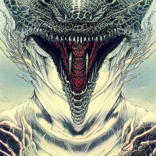 Image similar to portrait of dark reptile, symmetrical, by yoichi hatakenaka, masamune shirow, josan gonzales and dan mumford, ayami kojima, takato yamamoto, barclay shaw, karol bak, yukito kishiro