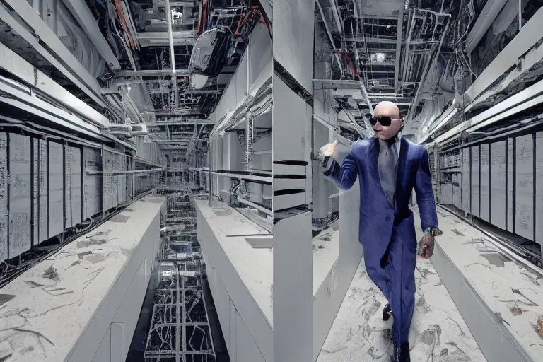 Prompt: cyborg - pitbull mr. worldwide in a marble server room, in 2 0 5 5, y 2 k cybercore, industrial low - light photography, still from a ridley scott movie