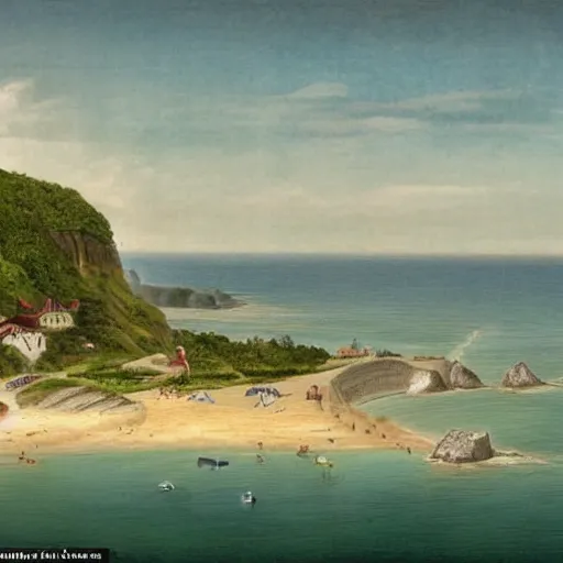 Prompt: a picture of a huge seaside cliff with a beach at the bottom, and small bronen huts in the beach, and a huge mansion on the top of the cliff :: a portrayal of the inequality of living confitions