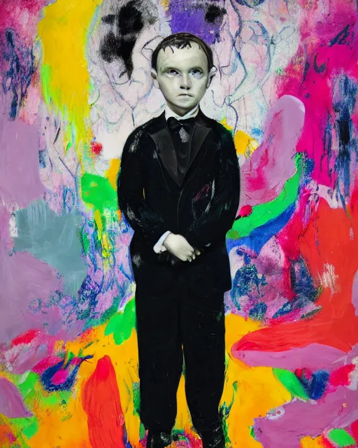 Image similar to portrait of a child in tuxedo painted by vincent lefevre and hernan bas and pablo amaringo and pat steir and hilma af klint, background in high definition 3 d, psychological, photorealistic, dripping paint, washy brush, rendered in octane, altermodern, masterpiece