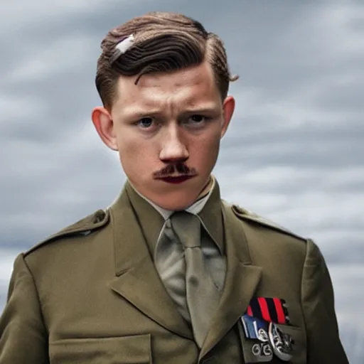 Prompt: tom holland as adolf hitler with short rectangular mustache