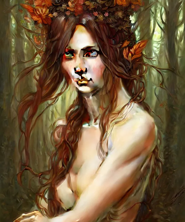 Image similar to Forest nymph woman portrait, amber eyes, face, long hair, fantasy, intricate, elegant, highly detailed, digital painting, artstation, concept art, smooth, sharp focus, illustration, art by artgerm and greg rutkowski and alphonse mucha