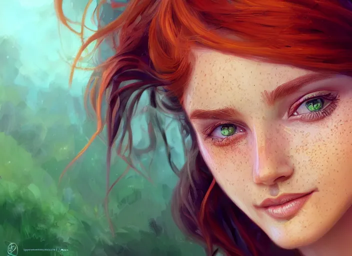 Prompt: portrait of a beautiful smiling girl with orange hair and freckles, green eyes, intricate, elegant. highly detailed, digital painting, artstation, concept art, smooth, sharp, focus, illustration. background is purple, art by artgerm and Ross Tran