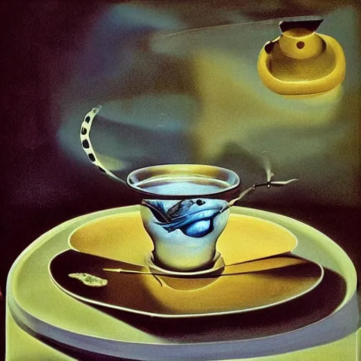 Image similar to a real fish is drinking from a cup of tea, photorealism, by salvador dali