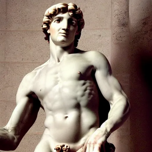 Image similar to David by Michelangelo but David’s face is replaced with Waluigis face from nintendo