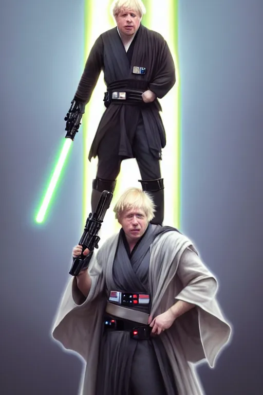 Image similar to Boris Johnson as a Jedi from Star Wars, Union Jack light saber, realistic portrait, symmetrical, highly detailed, digital painting, artstation, concept art, smooth, sharp focus, illustration, cinematic lighting, art by artgerm and greg rutkowski and alphonse mucha