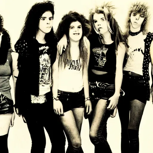 Image similar to Group of 19-year-old women holding electric guitars, shaggy hair, punk rock, riot grrl, hardcore punk, post-hardcore, alternative rock, band promo photo, 1994 photograph