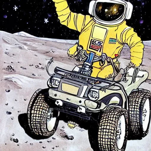 Prompt: painting of monkey wearing tuxedo riding an atv on the moon, jack davis style