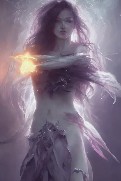 Image similar to closeup beautiful girl necromancer casting magic spell, angel, 3 d render, hyper realistic detailed portrait, magic storm, thunderstorm in eyes, ruan jia, wlop. scifi, fantasy, magic the gathering, hyper detailed, octane render, concept art, peter mohrbacher