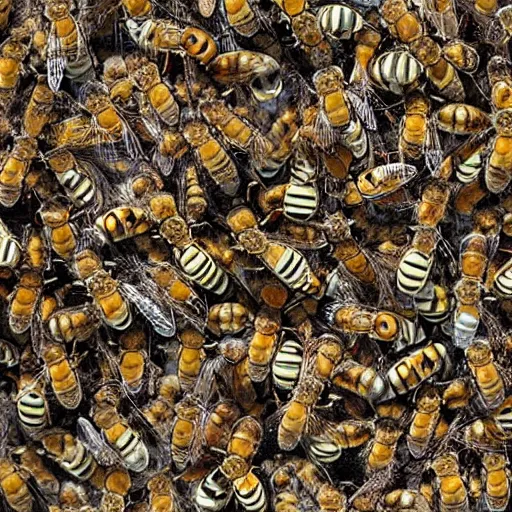 Prompt: six hundred bees all wearing overcoats