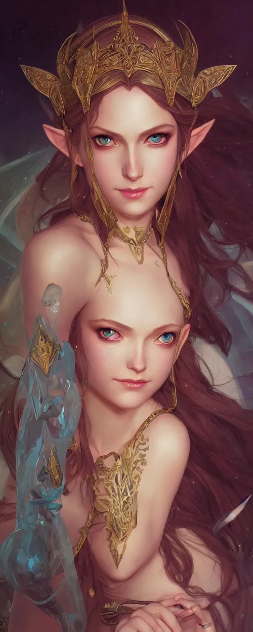 Image similar to beautiful sensual princess zelda, dark fantasy esoteric , closeup, D&D, fantasy, intricate, elegant, highly detailed, digital painting, artstation, concept art, matte, sharp focus, illustration, art by Artgerm and Greg Rutkowski and Alphonse Mucha