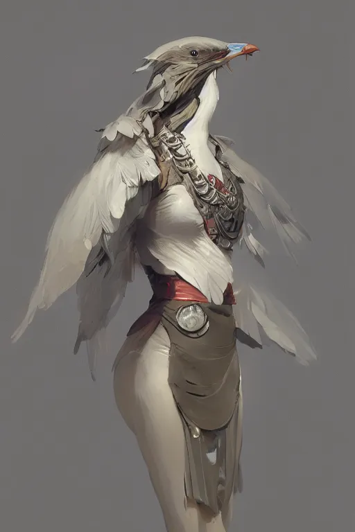 Prompt: Fashionable Anthropomorphic bird concept art, intricate, elegant, digital painting, concept art, smooth, sharp focus, illustration, finely detailed, from Metal Gear by Ruan Jia and Mandy Jurgens and Artgerm and William-Adolphe Bouguereau