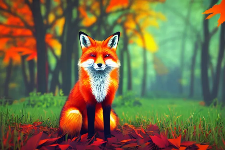 Image similar to super detailed color lowpoly art, red fox in an autumn maple forest, unreal engine, retrowave color palette, 3 d render, lowpoly, colorful, digital art, perspective