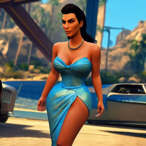 Image similar to kim kardashian as princess jasmine in GTA 5 full Hd octane render 8k