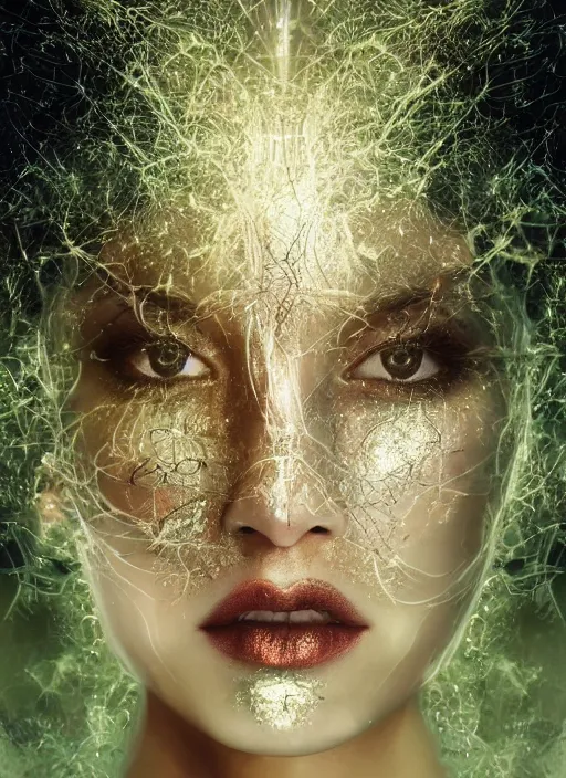 Image similar to double exposure effect, glowing silver and golden elements, full close-up portrait, realistic female model from shutterstock as a dark witch, book cover, green forest, white moon, red lips, establishing shot, extremly high detail, photo-realistic, cinematic lighting, pen and ink, intricate line drawings, by Yoshitaka Amano, Ruan Jia, Kentaro Miura, Artgerm, post processed, concept art, artstation, matte painting, style by eddie, raphael lacoste, alex ross
