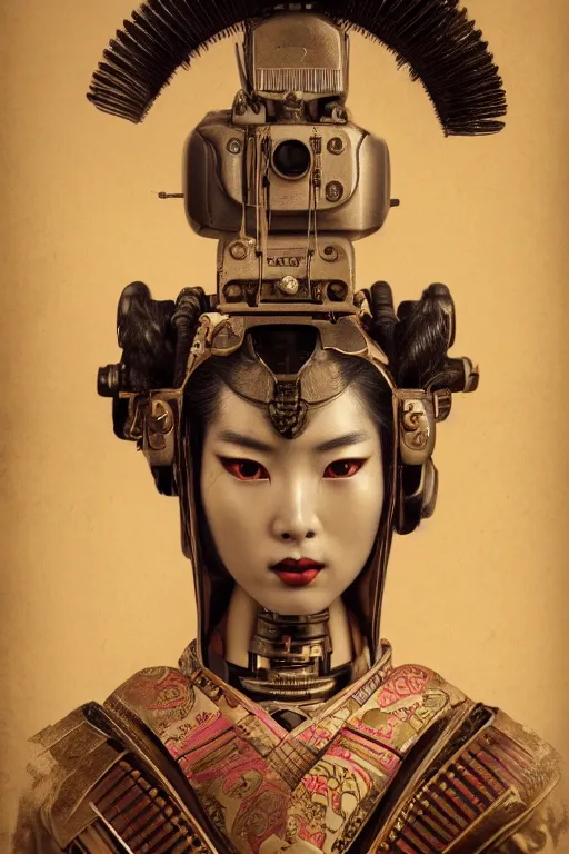 Image similar to a beautiful ultradetailed vintage photo of a cyborg geisha samurai, by tom bagshaw and anna dittman, portrait, 2 4 mm lens, golden ratio composition, detailed face, studio photography, very detailed, humanoids, industrial robots, artstation, 8 k, highly coherent