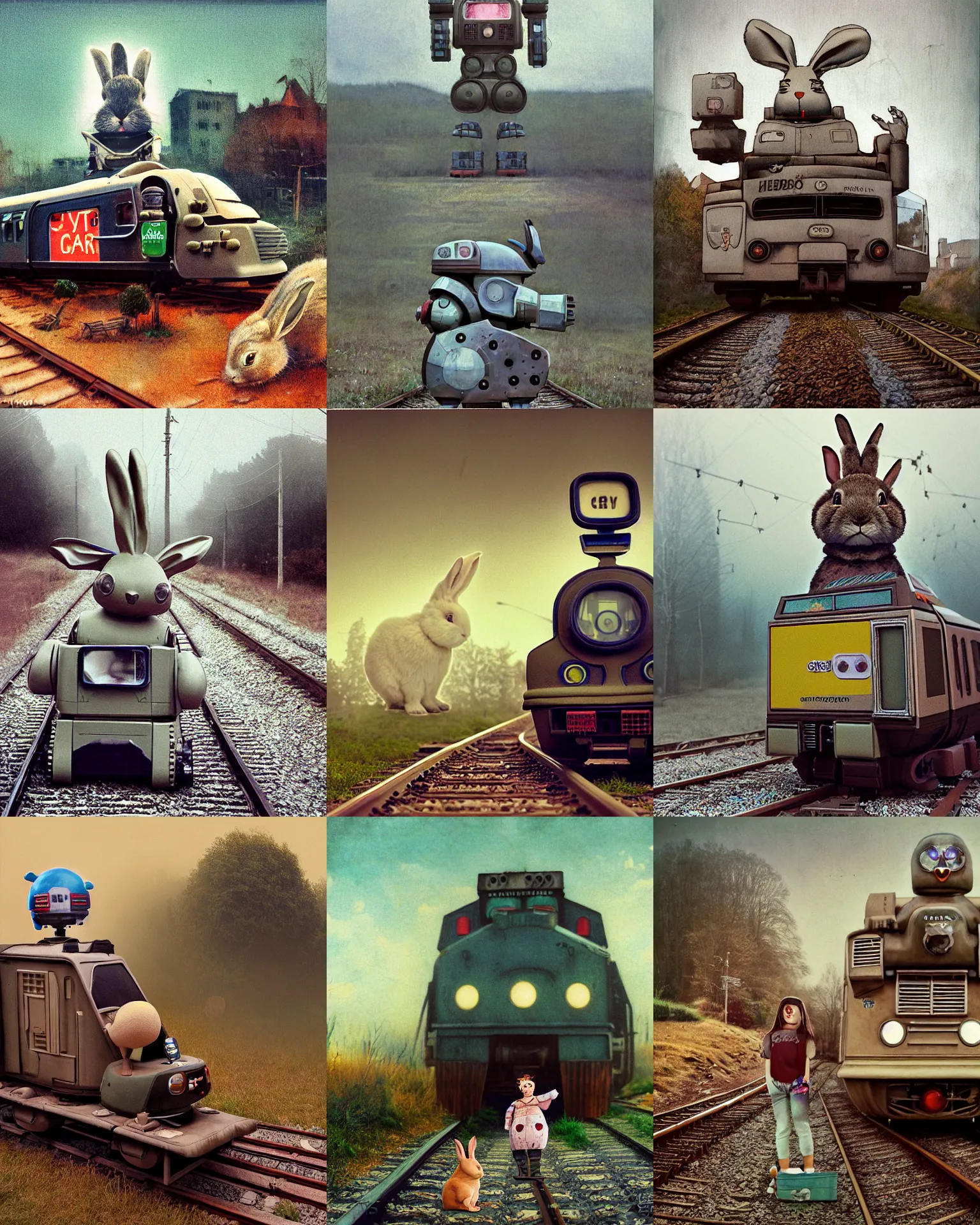 Prompt: giant oversized chubby retro 80s train armored sport rabbit robot mech, with big rabbit ears ,on a village , Cinematic focus, Polaroid photo, vintage, neutral colors, soft lights, fuzzy, grainy, dirt stains, cinematic mood , foggy, panorama by Steve Hanks, by Serov Valentin, by lisa yuskavage, by Andrei Tarkovsky