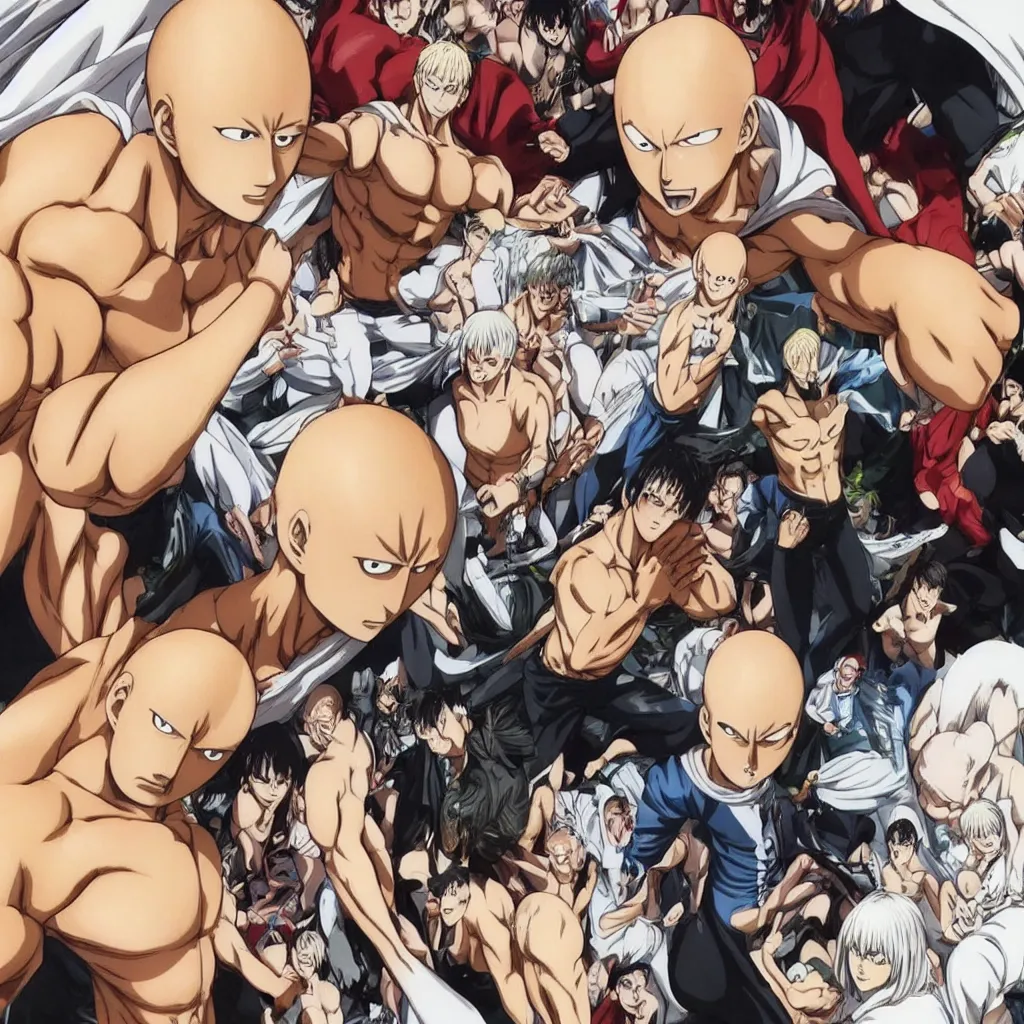 Prompt: ripped shirtless saitama one punch man instagram thirst trap photo shoot, perfect faces, very detailed, clear focuses
