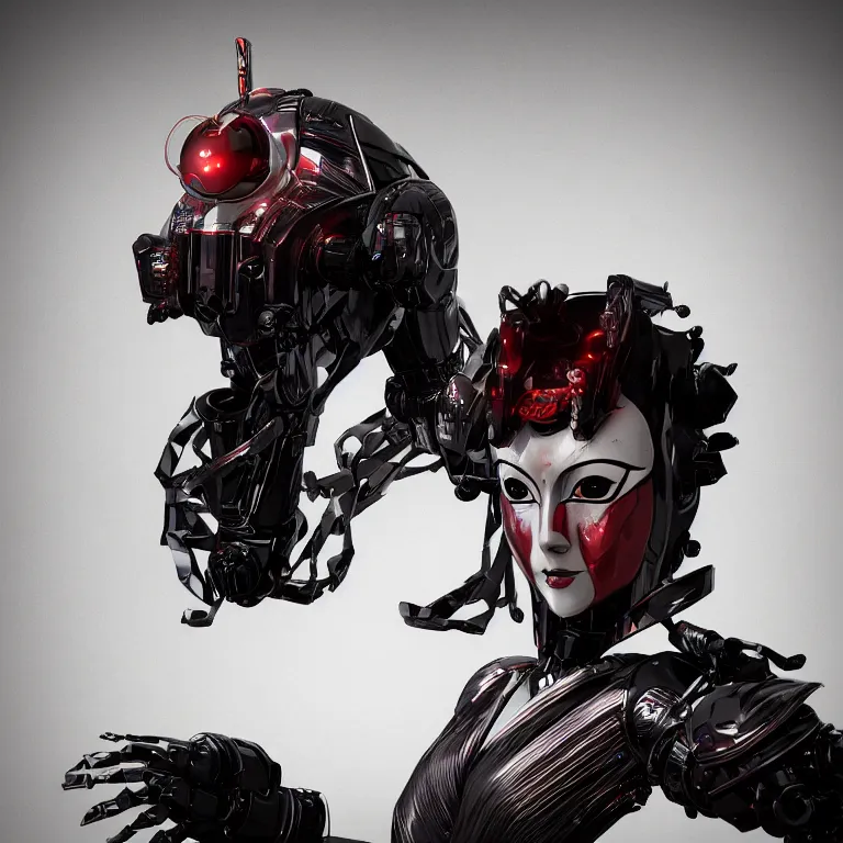 Prompt: japanese geisha robot android portrait, kabuki mask, ominous but beautiful, cybertech, in the style of ash thorp, beautiful, diffuse cinematic lighting, anamorphic lens, anamorphic lens flare, hyper real, intricate detail, octane renderer, unreal engine 5