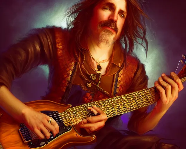 Image similar to photography of bard in a band shirt playing an electric guitar at a tavern concert, 8 k, deep focus, d & d, fantasy, intricate, elegant, highly detailed, digital painting, artstation, concept art, matte, sharp focus, illustration, hearthstone, art by artgerm and greg rutkowski and alphonse mucha