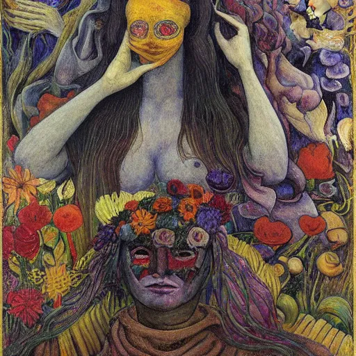 Image similar to facemask made of flowers, by annie swynnerton and jean delville and edward hopper and diego rivera and evelyn de morgan and rufino tamayo, dark flower shaman, art brut, outsider art, symbolist, dramatic lighting, god rays, elaborate geometric ornament, clean crisp graphics, smooth sharp focus, extremely detailed, adolf wolfli