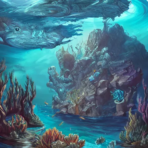 Prompt: underwater scene, d & d style, trending on artstation, colorful, intricate, art by aurore folny