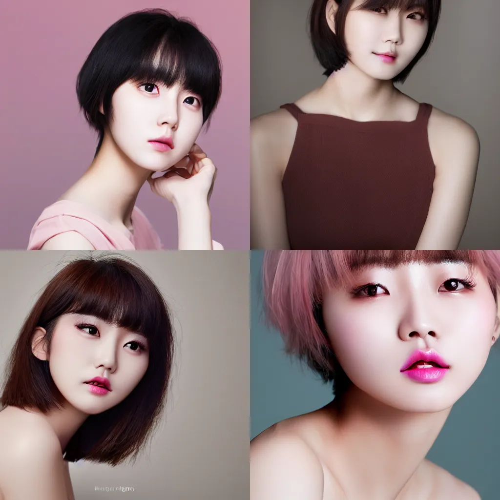 Prompt: Pretty young korean woman, short light haircut, no bangs, dark brown eyes, popular korean makeup, pink lips, smooth light skin, high detail, photo realistic, 4k detail, portrait photo, studio lighting