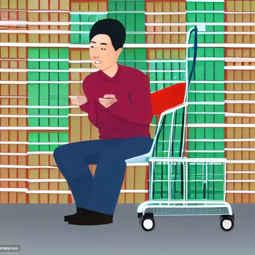 Image similar to chinese man sitting in shopping cart, realism style