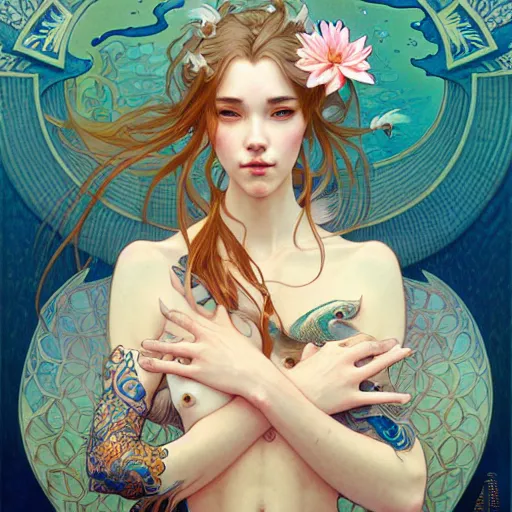 Image similar to Portrait of a girl surrounded by Koi fish, face, fantasy, intricate, elegant, highly detailed, digital painting, artstation, concept art, smooth, sharp focus, illustration, art by Loish and greg rutkowski and alphonse mucha