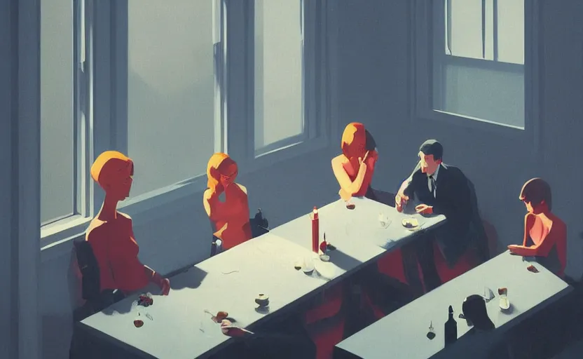 Image similar to a mysterious dinner scene illustration by atey ghailan and escher and edward hopper, surreal