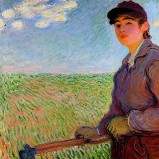 Image similar to portrait of a young butch female mechanic by claude monet