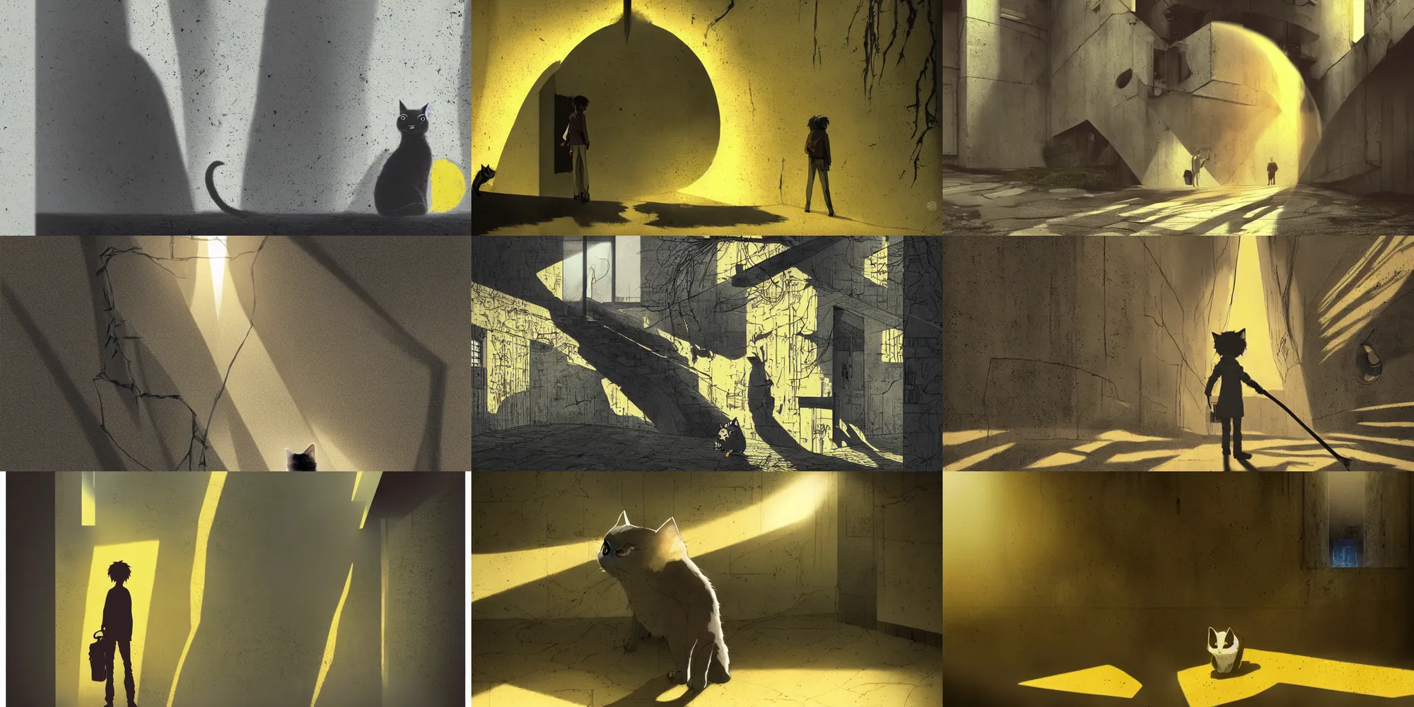 Prompt: dramatic lighting, tatsuyuki tanaka, incredible ghibli movie screenshot, vanishing point, focal point, ultra wide, brutalist, yellow, kitten, kitty, feline, cat silhouette, large dark hole in the side of a concrete wall, bright dappled golden sunlight, long dark shadows, black depths, posters, notices, hobbit hole, overgrown, spiderwebs