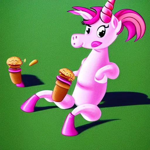 Prompt: a pretty pink unicorn character eating a little hamburger on the ground in a soccer field | digital art | very high quality | very detailed | totally awesome | very cute | horselike