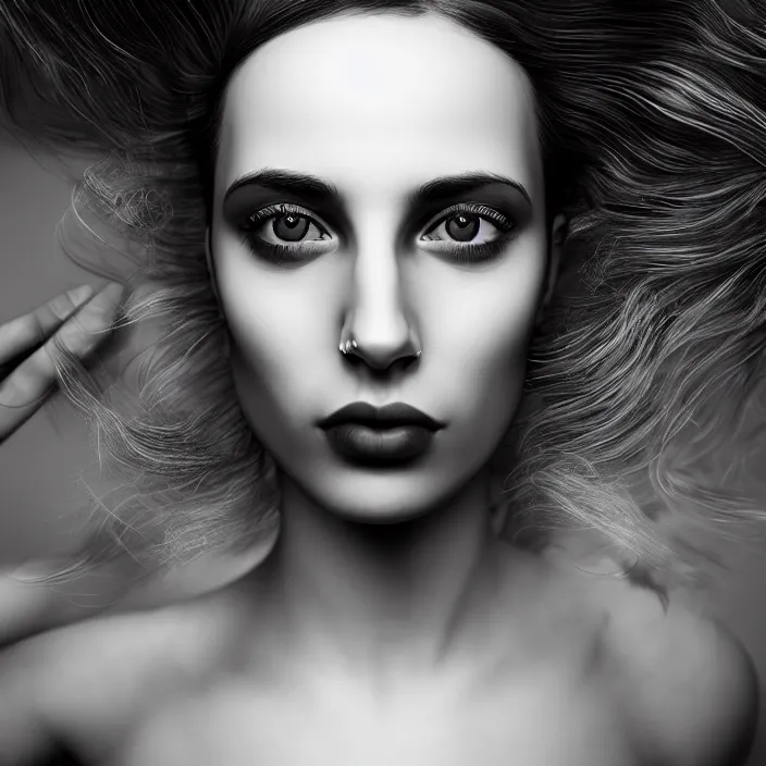 Image similar to young beautiful woman, gorgeous face, black and white photography, surreal, artist, flipped hair, full - body, 8 k, unreal engine 5, ultra sharp focus, art by victoria siemer, kirsty mitchell, laura zalenga