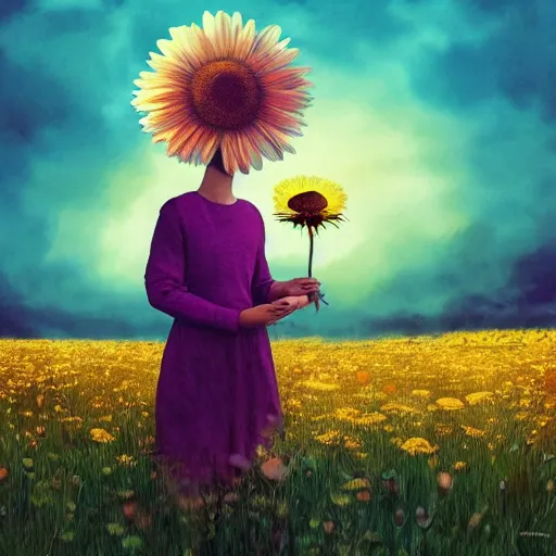 Prompt: giant daisy flower for a head, portrait of girl in flower field, holding daisy, surreal photography, sunrise, impressionist painting, colorful clouds, digital painting, artstation, simon stalenhag, flower face