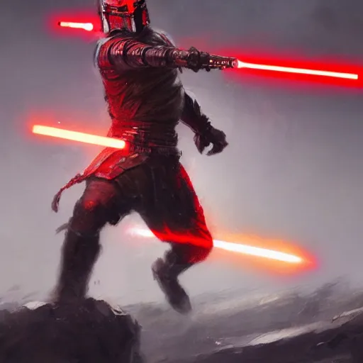 Prompt: Berserker wielding a red lightsaber, by Greg Rutkowski and Thomas Kinkade, trending on artstation 4k.