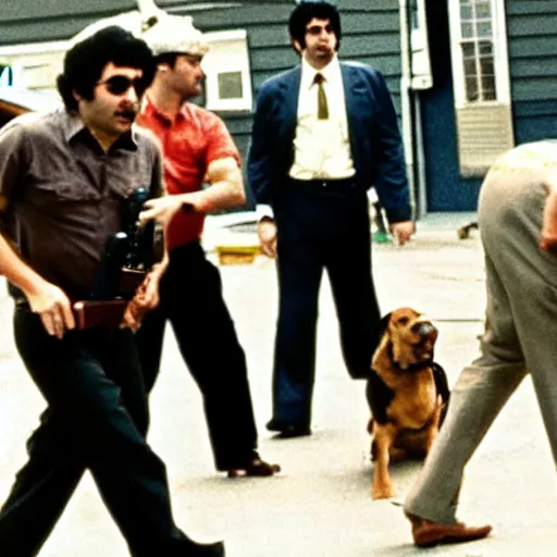 Image similar to comet pizza hostage situation in the style of dog day afternoon cinematic