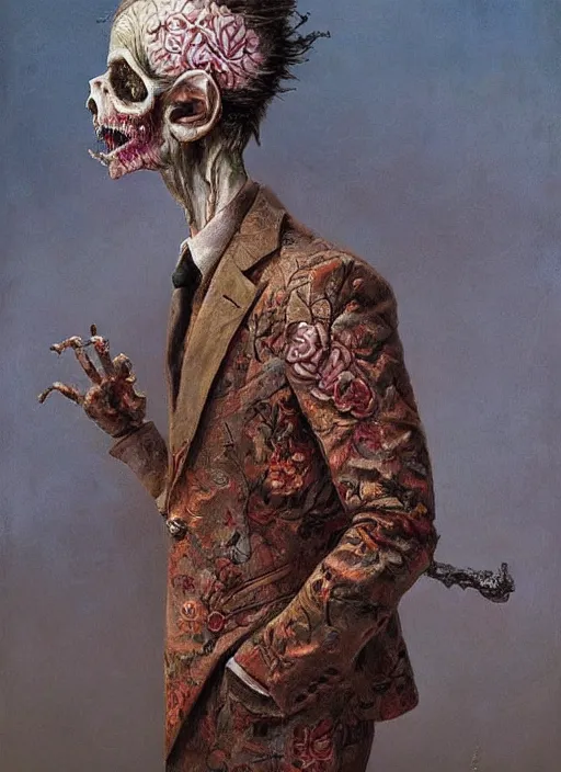 Prompt: a beautifully rendered portrait of an upright and fed up intricately hand - carved zombie wearing a floral embroidered blazer, by gerald brim and tom bagshaw and beksinski, trending on artstation, 8 k, full subject in frame, upright