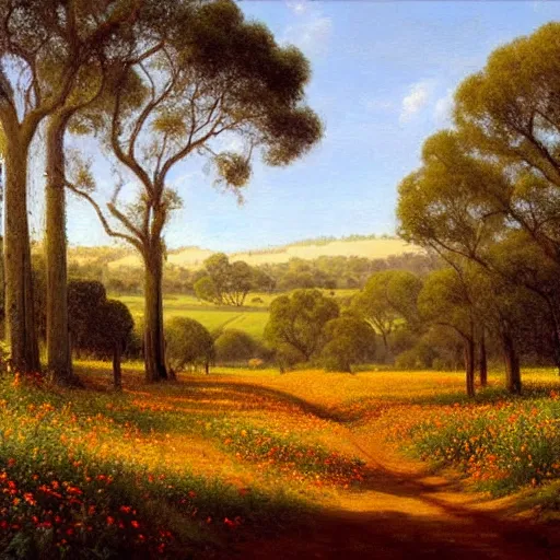 Image similar to a painting of a dirt road surrounded by oak trees and eucalyptus trees and california golden poppies, woodland hill in the distance. an oil painting by Peter Mohrbach and Mark Keathley, featured on deviantart, australian tonalism, pre-raphaelite, impressionism, detailed painting