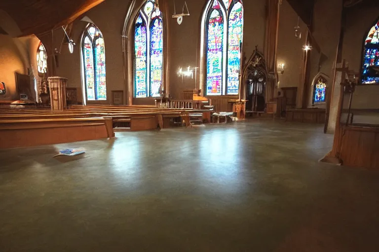 Prompt: low quality photo inside a church but the floor is melting into the universe