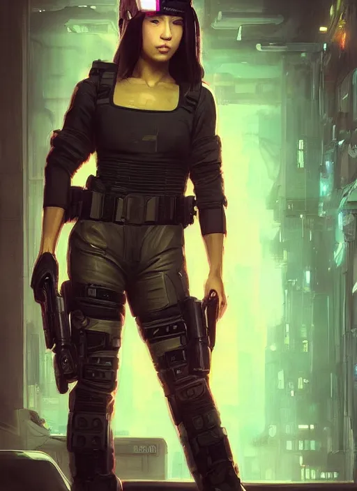 Prompt: Nikki tanaka. beautiful cyberpunk female USN marine wearing a military vest and a black and pink tactical jumpsuit (cyberpunk 2077, bladerunner 2049). gorgeous face. Iranian orientalist portrait by john william waterhouse and Edwin Longsden Long and Theodore Ralli and Nasreddine Dinet, oil on canvas. Cinematic, hyper realism, realistic proportions, dramatic lighting, high detail 4k